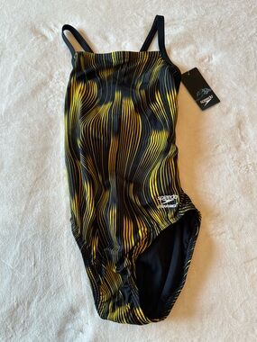 NWT Speedo Endurance+ Women's One-Piece Swimsuit - Black & Yellow Size 30